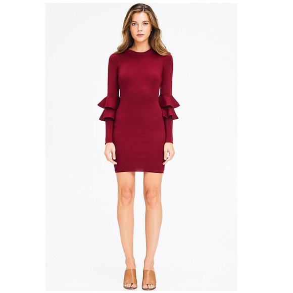 LAST 2! Red Ruffle Sleeve Knit Bodycon Dress - Picture 6 of 8